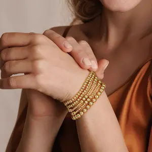 3/4/5/6/8mm Gold Bead Bracelet 18K Black Gallstone Gold-Plated Beaded Elastic Bracelet Set