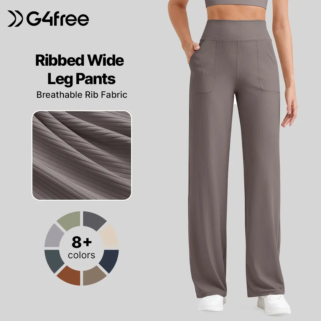 G4Free Women's Ribbed High-Waist Casual Bottoms - Basic Comfy Loose-Fit Wide Leg Pants with Pockets, Lightweight Yoga Pants for Petite/Regular/Tall Sizes, Bottom