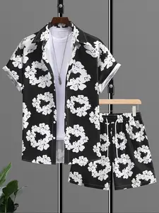 Men's Floral Print Short Sleeve Shirt & Shorts Two-piece Set, Casual Fashion Cozy Breathable Two Piece Outfits for Summer, Men Clothes Set for Beach Vacation
