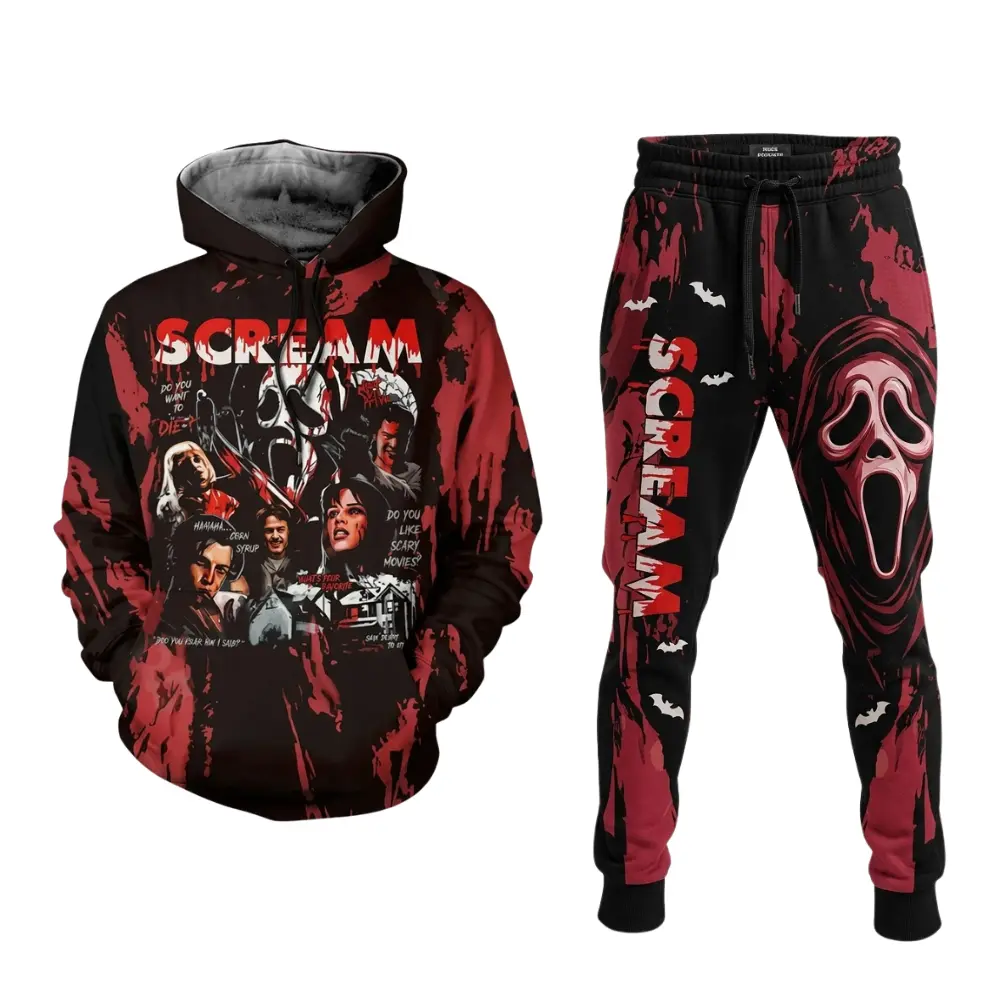 Scream Ghostface Hoodie and Sweatpants Set, Horror Movie Bloody Graphic Red Black 3D Printed, Cool Gift for Halloween 
