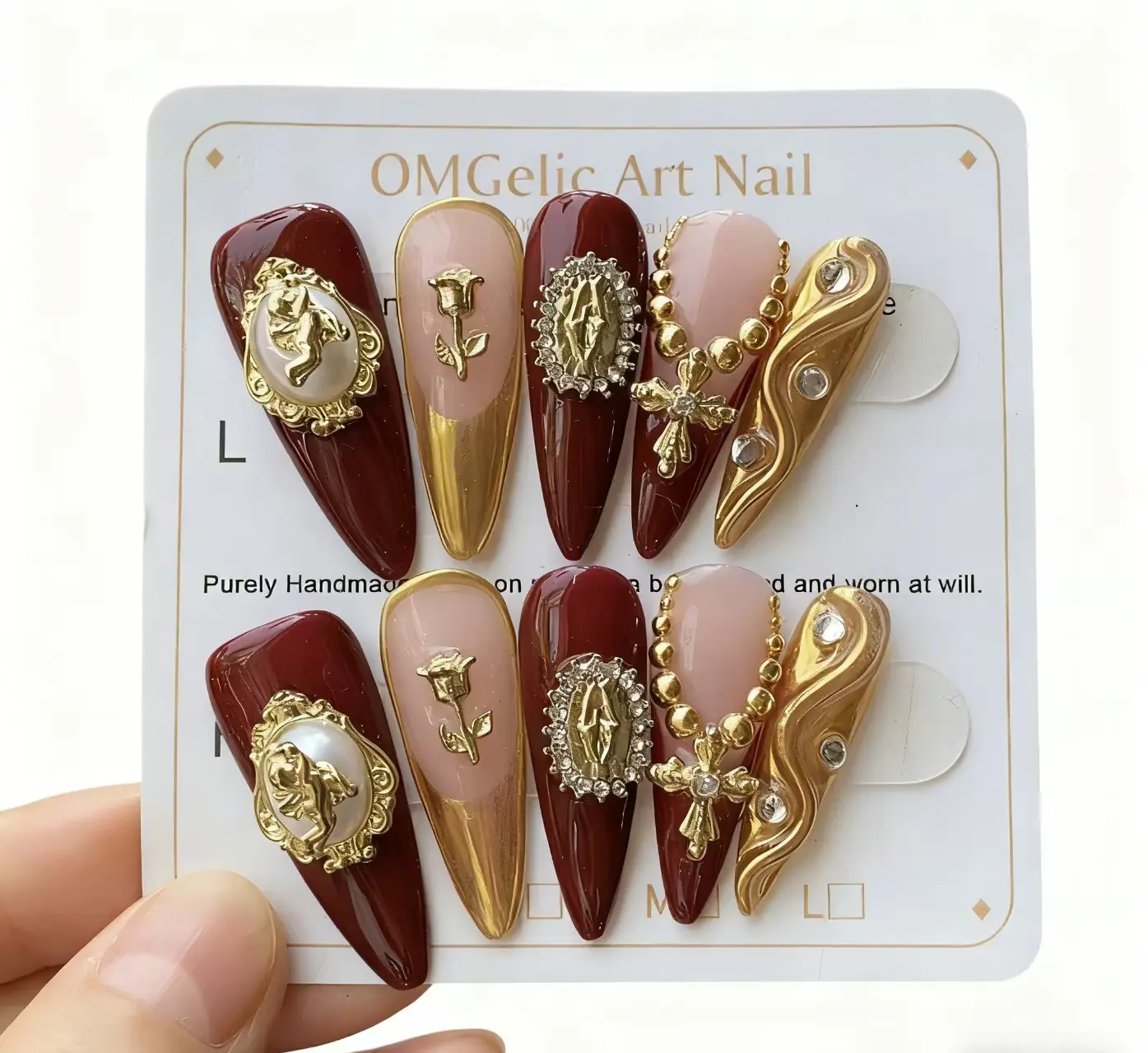 “Handmade Burgundy Gold Gothic Press On Nails - Vintage Cherub & Cross Design, 3D Art Fake Nails, Edgy Luxury Style for US Fashionistas”