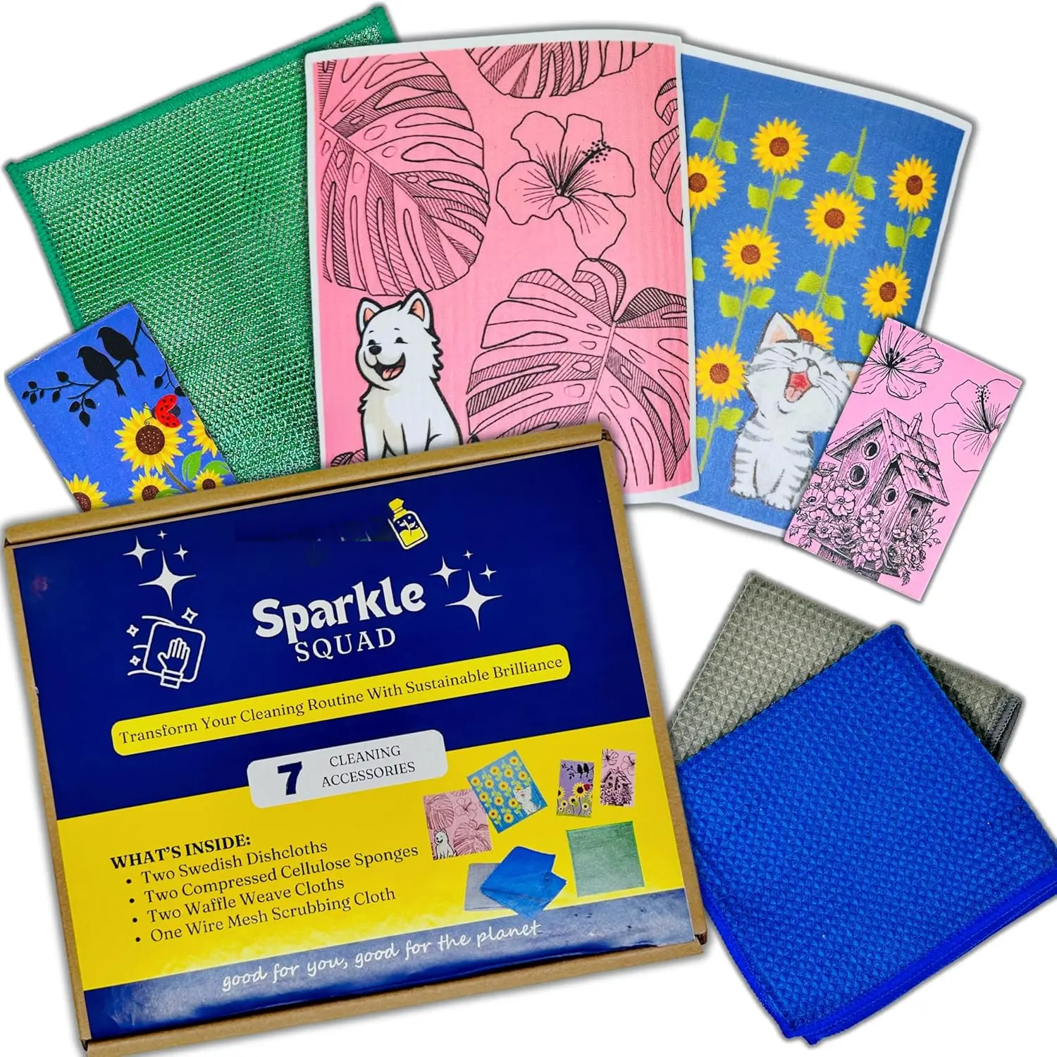 Cleaning Cloth Kit - 7-  Set | 2 Swedish Dishcloths, 2 Cellulose Sponges, 2 Glass Cleaner Cloths, 1 Wire Scrubbing Cloth | Low-, -Based Essentials