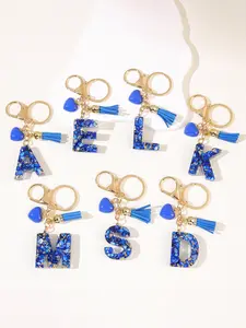 Initial Letter Keychain, Blue Heart Fringe Keychain, Cute Resin, Backpack Charms, Key Chain for Women, Girls, Elegant Style