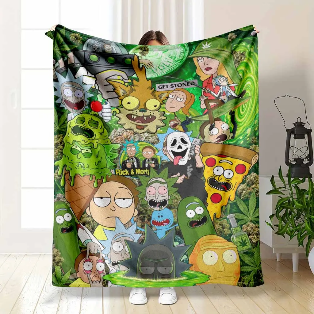 Rick and Morty Psychedelic Stoner Flannel Blanket Weed Leaf Green Portal Art Print Soft Warm Cozy Lightweight Fleece Throw for Bedroom Living Room Sofa Office Lounge Decor Gift