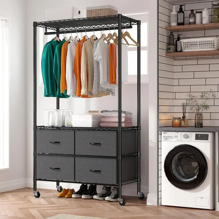 Black Heavy Duty Steel Frame Tall Rolling Clothes Rack with 4 Drawers, Hanging Rod, Mesh Panels, Sliding Locks & Adjustable Freestanding Wardrobe Closet, Storage Solution for Bedroom, Garage