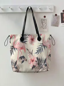 2D Flamingo Print Drawstring Tote Bag, Large Capacity Shopping Bag for Work, Outings & Picnics, Durable and Secure Design