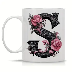Floral Letter Mug 11oz Monogram Rose Initial Coffee Cup