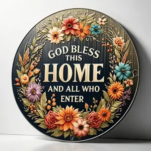 8x8 in Vintage Metal Sign - Christian God Bless This Home Scripture Plaque, Rustic Floral Wreath Tin Wall Decor for Porch, Housewarming Gift