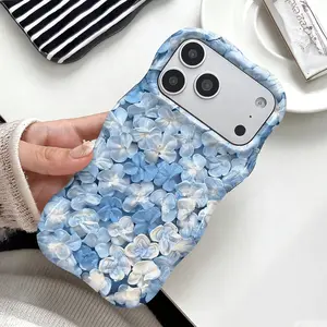 Blue Hydrangea Floral Pattern Phone Case ,Cute Wavy Curved Edge Glossy Protective Shockproof Rugged Cover, Dual Layer Soft TPU Bumper Hard Shell Design for iPhone 11 12 13 14 15 16 17 Pro Max Air, Cute Girly Aesthetic