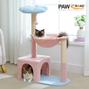 PAWZ Road Flower Cat Tree 36.6-Inch Multi-Level Cat Tower with Sisal Covered Scratching Posts, Cute Cat Condo for Indoor Small Medium Cats, Pink Top Perch, Ramp, Fluffy Ball