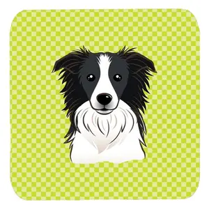 212 MAIN Square Foam Coasters, 3.5x3.5 in., Checkerboard Lime Green Border Collie Design, Fade-Proof, Heat-Resistant, 4-Piece Set for Kitchen Tableware Placemat Compatibility
