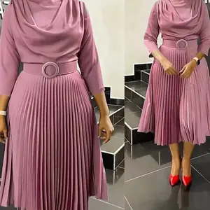 Elegant Pleated Dress for Women Professional Round Neck Full Sleeve Belt Waisted Mid Calf Formal Business Work Dress