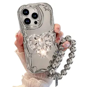 Star Silver Plated 3D Diamond Heart shaped Bracket iPhone Case 16 15 14 13 12 11 Pro Max X XS XR Bracelet Protective Cover