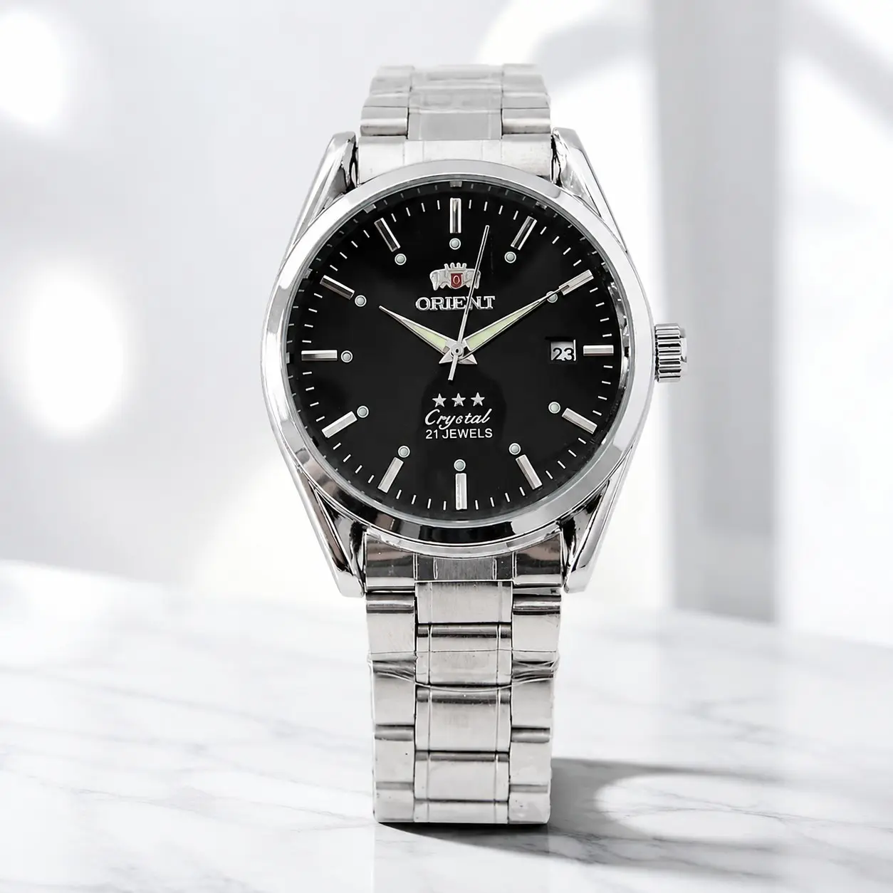 Orient 3 Stars Men's Automatic Mechanical Watch - 21 Jewels, Crystal Dial, Date Calendar, Luminous Hands & Markers, Stainless Steel Bracelet, Classic Vintage Business Casual Timepiece, Multiple Dial Styles Available