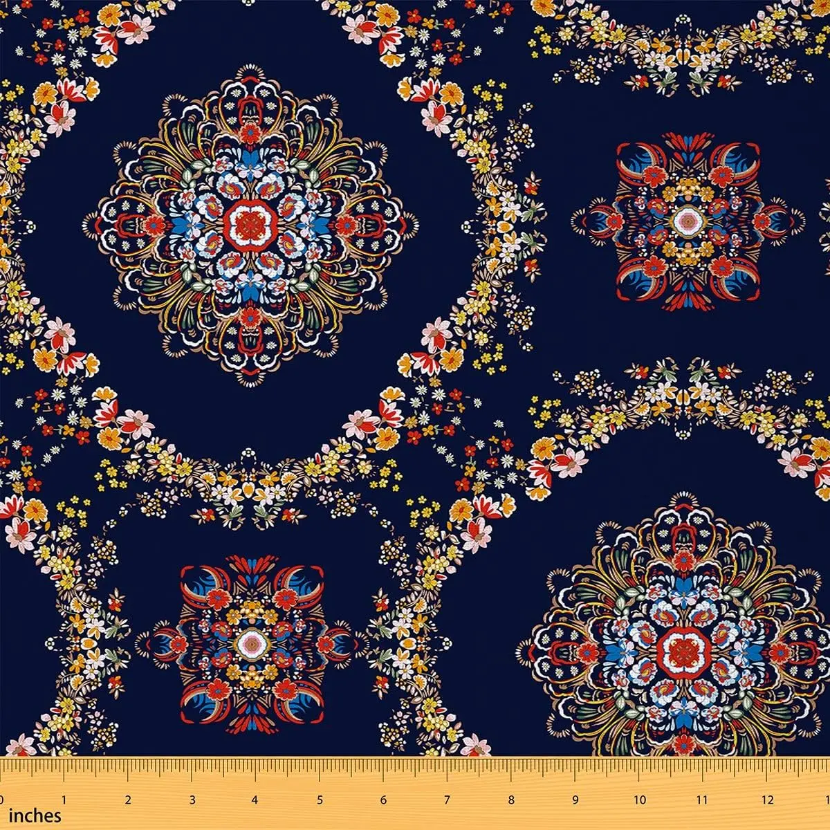 Boho Mandala Fabric by The Yard,2 Yards,Vintage Bohemian Squares Upholstery Fabric,Exotic Floral Outdoor Fabric,Ethnic Flowers Reupholstery Fabric, Boho Mandala Pattern, Waterproof Fabric