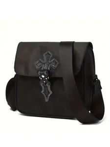 casual style, dark color crossbody bag, Crossbody Purse, Crossbody Messenger Bag, Casual messenger bags, mesh splicing design, cross decoration, adjustable shoulder strap, fits mobile phones and keys, suitable for commuting and shopping