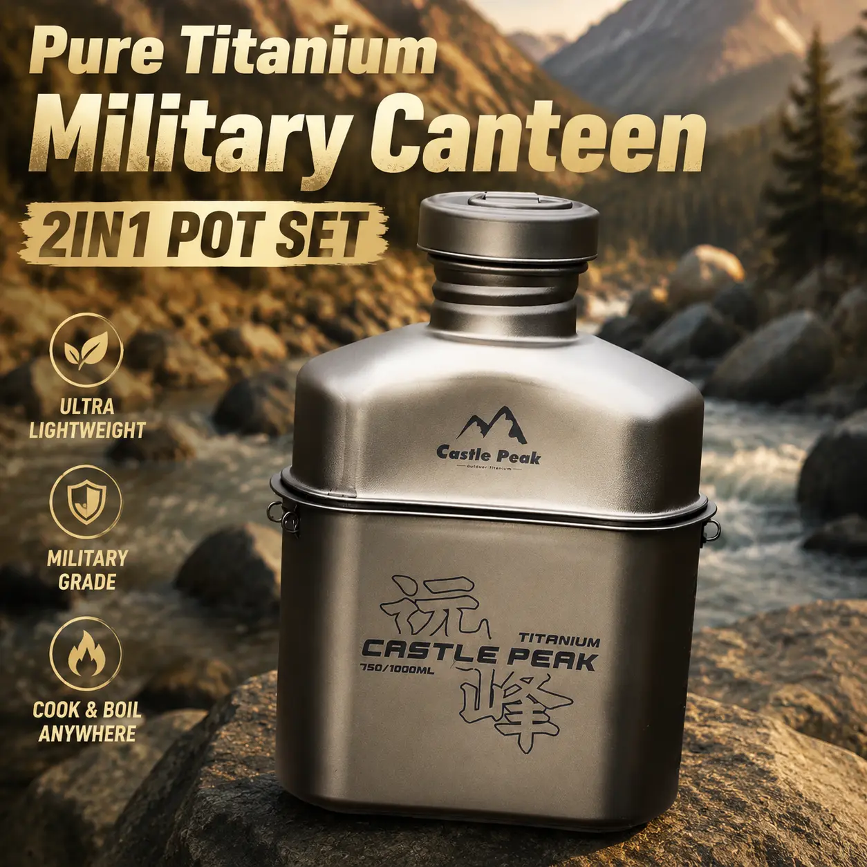 CASTLEPEAK Pure Titanium Military Canteen Mess Kit - 33.81 oz Canteen, 25.36 oz Cooking Pot, 25.04 oz Full Set with Free Camo Carry Bag, Hanging Hook for Outdoor Camping Survival