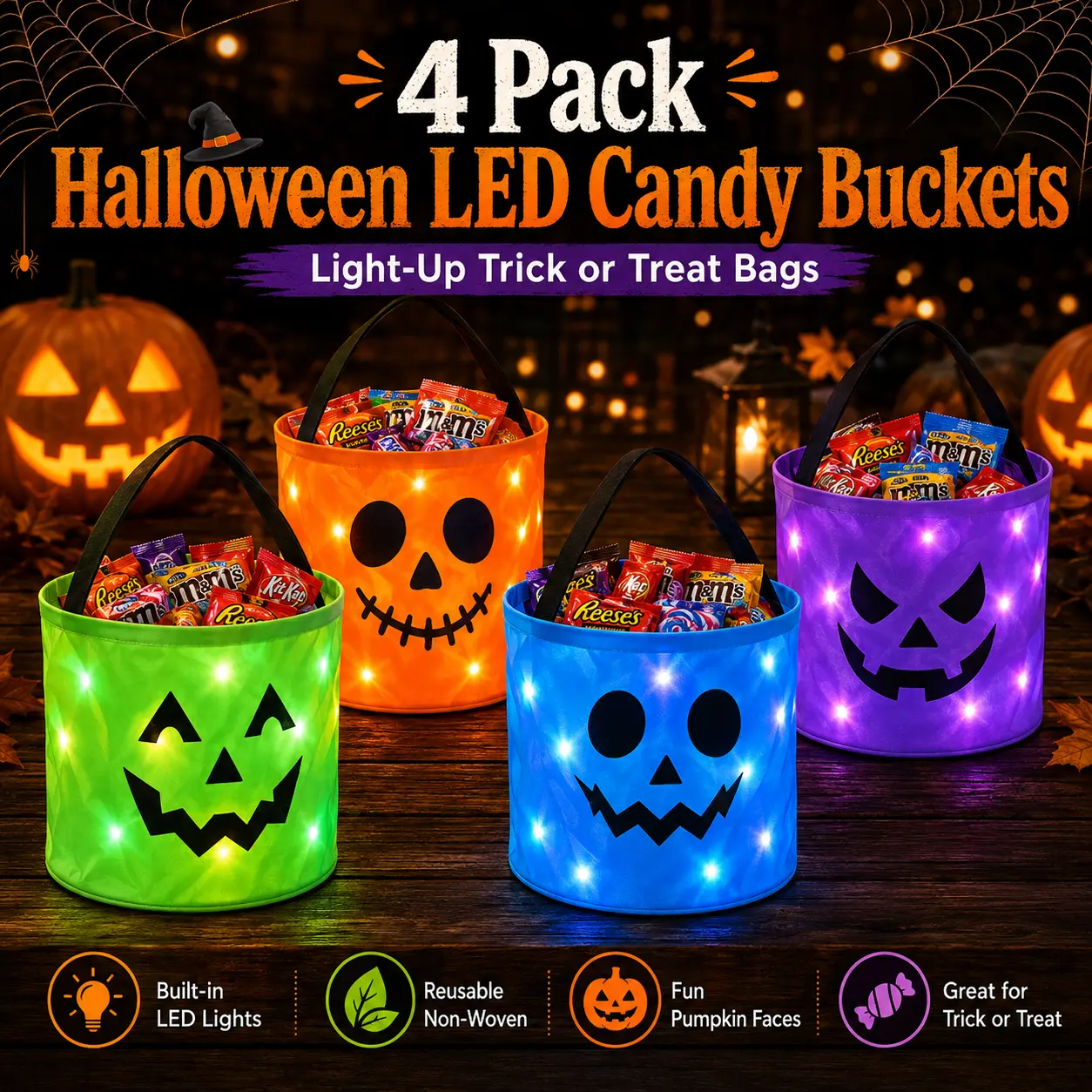 LED Light Halloween Pumpkin Candy Buckets, 3/4-Pack Reusable Non-Woven Trick-or-Treat Set for Kids, Christmas Party Favors & Outdoor Night Decorations