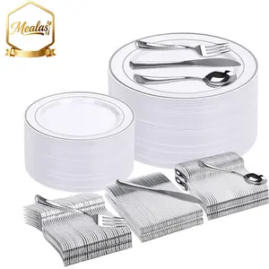 60-Piece Silver-Trimmed Dinnerware Set, Heavy-Duty Premium Cutlery, Reusable Party Tableware, Perfect for Weddings Birthdays Christmas Halloween, Salad Plates Set, Modern Tableware Sets