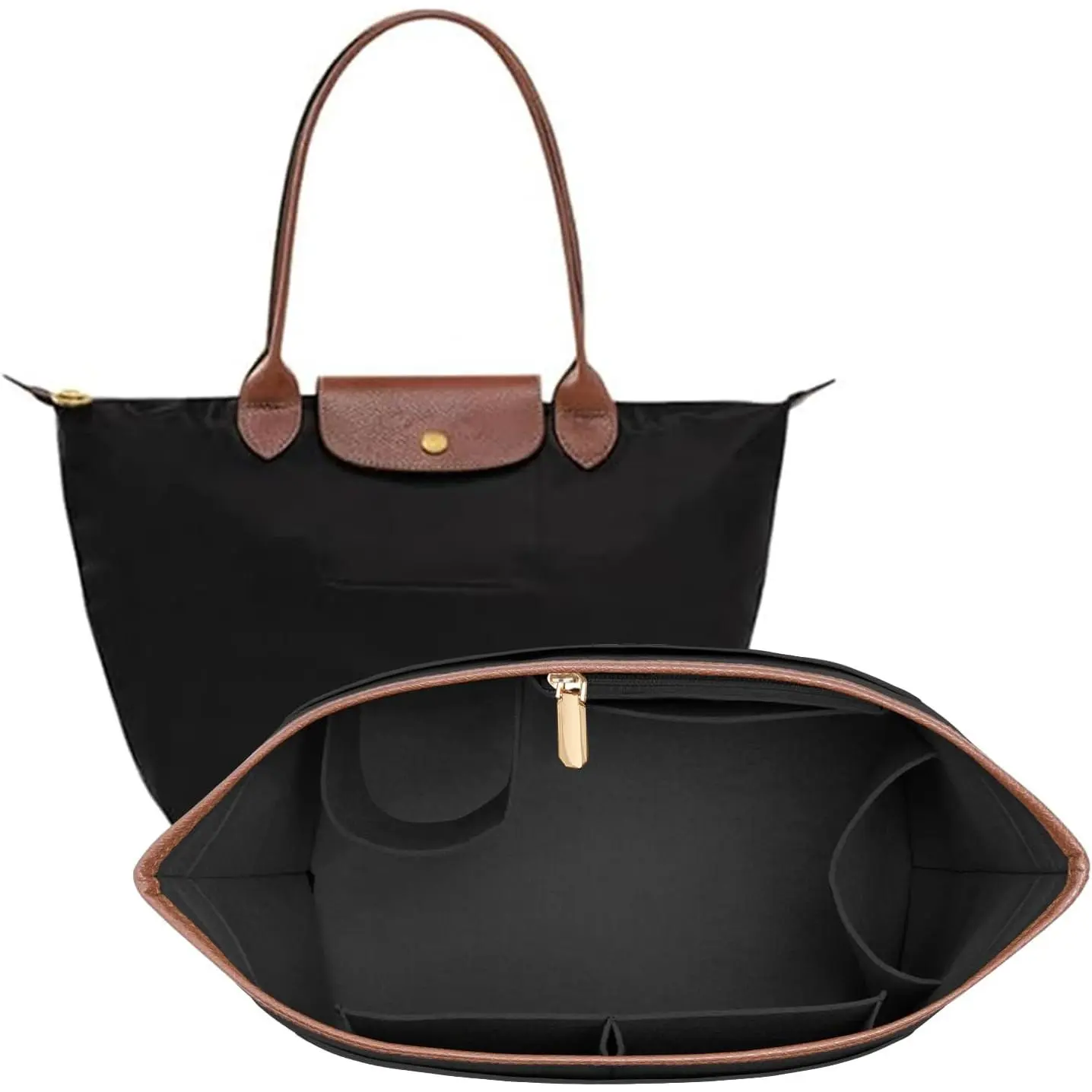 Large Black Leather-Edged Felt Handbag Divider Organizer Insert for Longchamp Le Pliage Tote, Purse Storage Pouch with Cup Holder for Travel Organization, Travel Packing Organizers, Handbags Storage Organizer