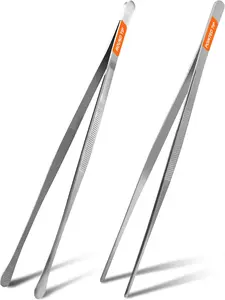 2 count 12-inch Kitchen Tweezers for Cooking, Kitchen Tweezer Tongs, Fine Stainless Steel Cooking Utensils Set for Steak, Salad, Pasta, Bacon, Sausage, BBQ, Toast, Aquarium, ,