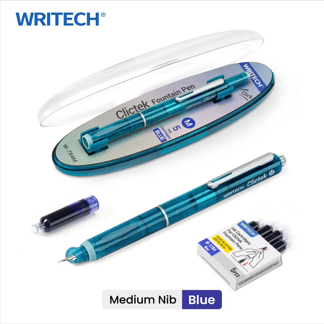 WRITECH Clictek Fountain Pen Set Retractable Style Blue Ink Medium Nib Transparent Barrel, Includes 5 Ink Cartridges for Gift Set Consistent Writing
