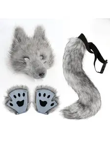 Ladies Dress Up Accessories Set Simulation Wolf Mask Set Wolf Tooth Three-dimensional Cosplay Beast Tail Plush Tail Dance Party Performance Props