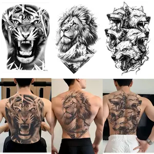 3pcs Large Men'S Tattoo Stickers Tiger, Lion, Wolf Realistic Design, Waterproof And Non-Glossy, For Back - Perfect For Parties, Daily Wear, Unique Gift Idea For Men.