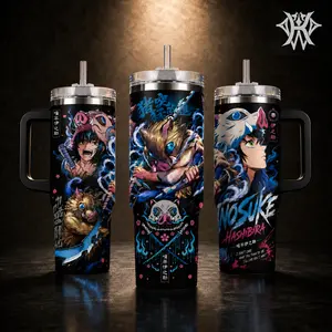 Inosuke Hashibira Demon Slayer Anime 40oz Tumbler with Handle and 20oz Skinny Mug, Insulated Stainless Steel Travel Cup, Manga Fan Merch, Beast Breathing Water Bottle Leak-Proof with Lid and Straw
