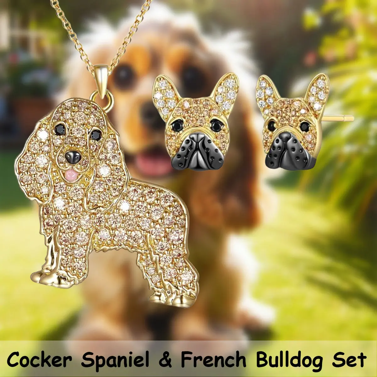 3-Piece Handcrafted Dog Lover Jewelry Set, Gold-Tone Alloy Cocker Spaniel Pendant Necklace & French Bulldog Earrings, Animal Theme Birthday Christmas Gift, Gold Jewelry Sets, Daily Wear, Alloy Metal