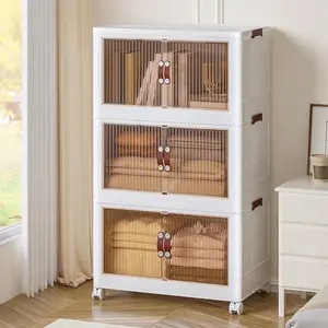 3 Tier Plastic Storage Bins with Lid Stackable Containers with Wheels Folding Collapsible Boxes Closet Organizers Stylish Versatile Durable PP Material