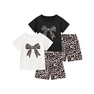 #SummerVibes 4-Piece Set for Girls: Sweet Summer Leopard-Print Short-Sleeve Top with Bow, Leopard-Print Shorts-Casual, Stylish, and Trendy Outfit for Outings