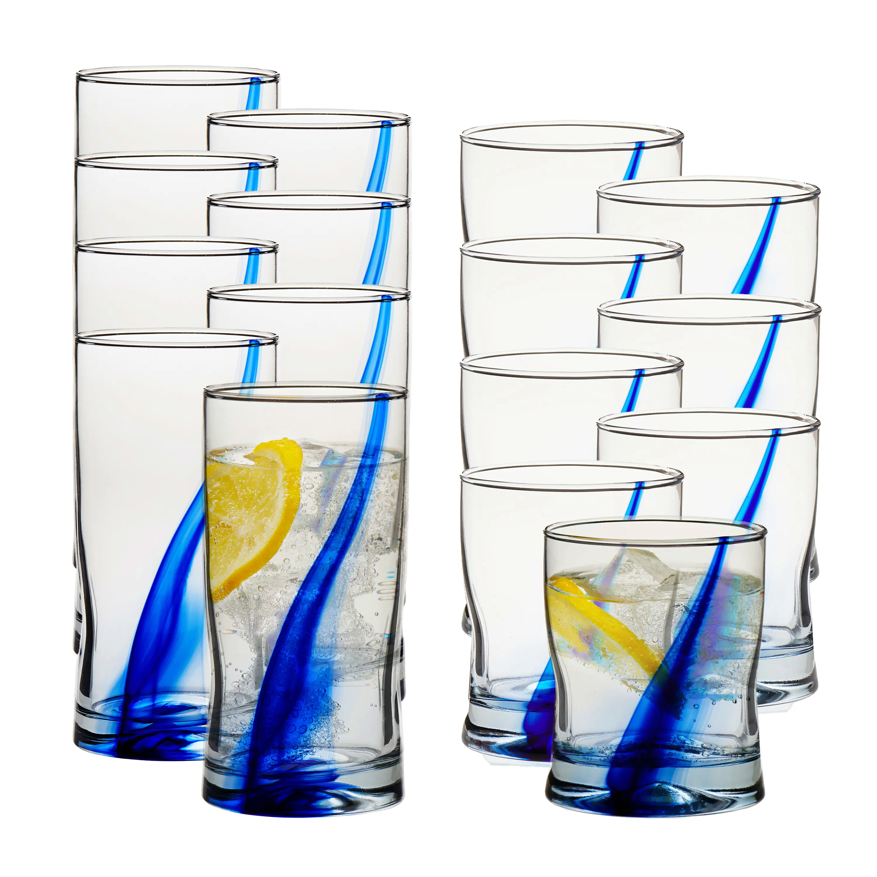 Blue Ribbon Tumbler & Rocks Drinking Glasses Set of 16, Dimpled Cups