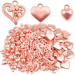 90pcs Rose Golden Heart Shaped Charms Alloy Hollow Polished Puff Love Heart Drop Pendants Craft Supplies for DIY Necklace Earrings Jewelry Making Decoration Gifts, 3 Styles