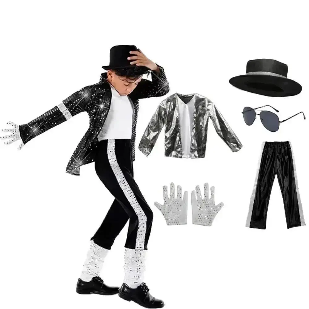Anime Michael Jackson Billie Jean Cosplay Black Suit Dance Disco Halloween Fancy Dress Up 70s Pop King Costume for Top Pants
