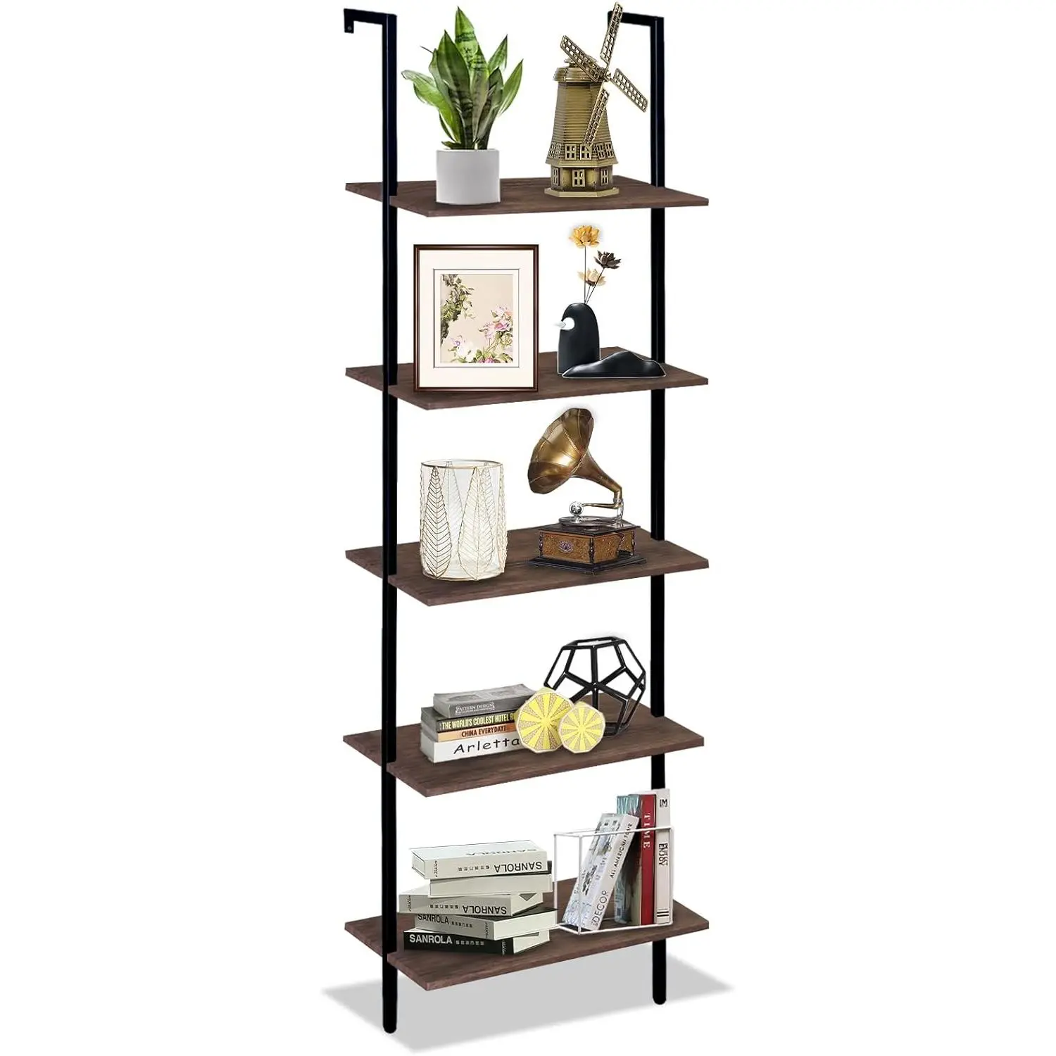 5 Tiers Ladder Shelf Brown Modern Bookshelf Open Tall Wall Mount Bookcase Standing Leaning Wall Shelves Industrial Decorative Living Room Bed Room