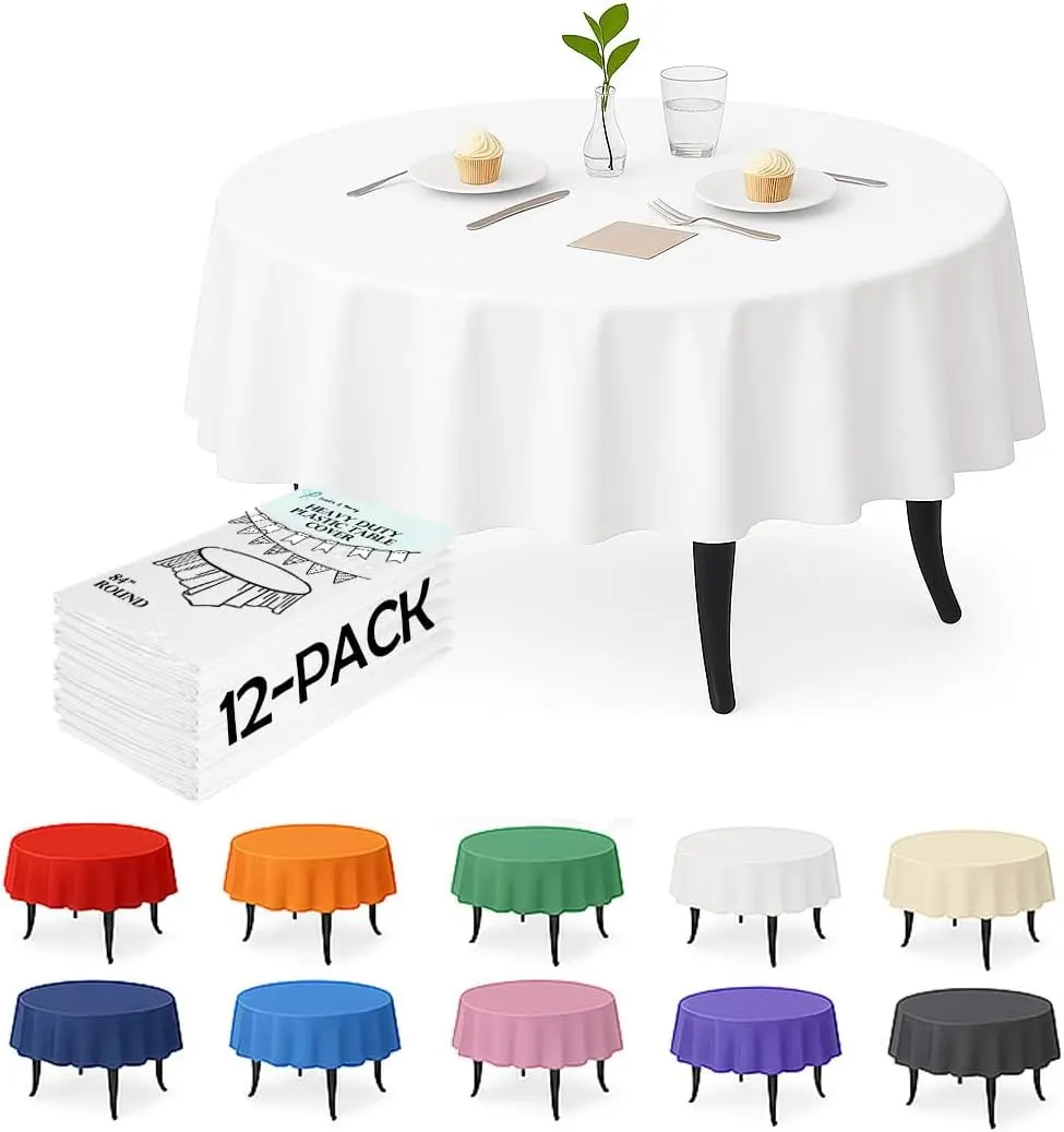 12 Pack White Tablecloths, 84 Inch Round Disposable Table Covers, Duty & Waterproof for Parties, Events, Banquets, White