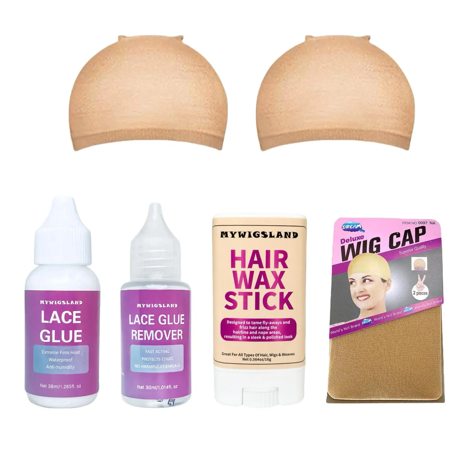 Hair Wax Stick & Glue & Glue Remover & Wig Cap Set, Flyaway Hair Tamer, Hair Styling Tool, Styling Hair Gel, Edge Control Gel for Women & Girls, Professional Hair Styling Products for Daily Use