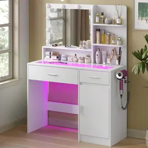 CollaredEagle Vanity Desk With Mirror And 3 Lighting Modes 10 USB Power LED Lights, 40" Makeup Vanity With Glass Top & Power Outlet, Vanity With 36 Lighting Modes Brightness Adjustable RGB Drawers,Dressing Table For Women Girls Bedroom, White