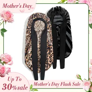 【Mother's Day】Women's Satin Braid Bonnet - 2 Count Large Long Silk Sleep Cap with Stretchy Tie Band for Braid Multifunctional Elastic Heatless (Black&Leopard Print)