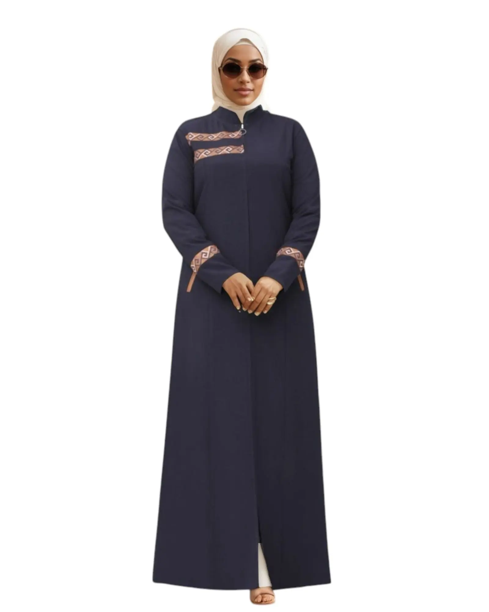 Women's Modest Islamic Amara Embroidered Abaya - Long Sleeve, Breathable, Chic, Geometric Patterns, Modest Zip Front, Embroidered Cuffs and Chest Panel, Side Pockets Ready, Pocket Convenience, Crew Neck, M