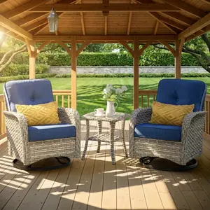 CAODOC 3-Piece Patio Swivel Rocking Chair Set - 2-Seat Outdoor Wicker Rattan Patio Furniture Sets with High-Back Swivel Chairs, Thick Cushions and Side Table for Garden, Porch