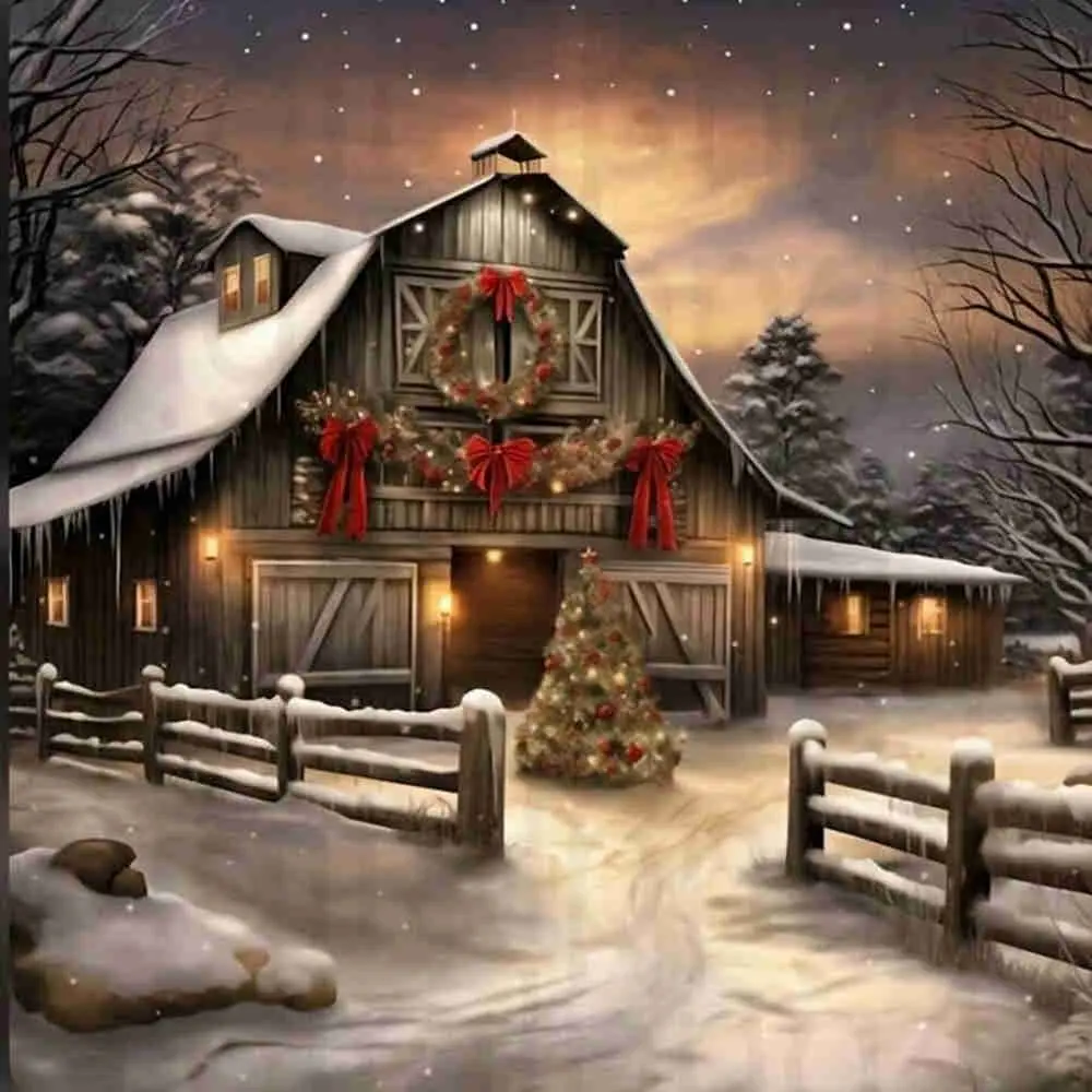 Cozy Rustic Wooden Christmas Barn Snowy Winter Night Glowing Lights, Decoration, Wreath Red Bows Decorated Xmas Tree Falling Snow Country Farmhouse Scene 5D Full Drill Round & Square Diamond Painting Kit Holiday Season Party DIY Cross Stitch