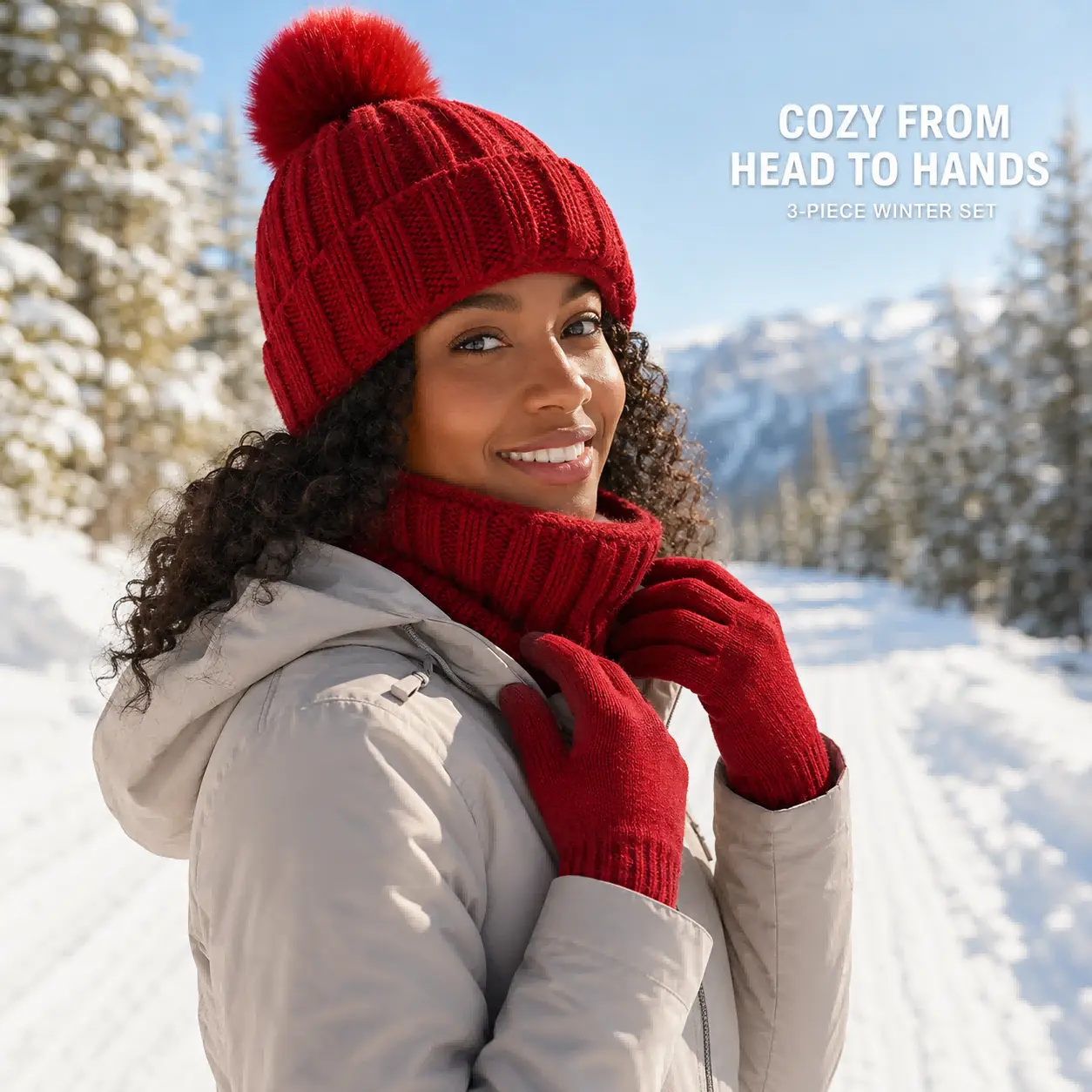 Women’s 3-Piece Winter Knit Set with Pom Pom Beanie, Touchscreen Gloves & Fleece-Lined Neck Warmer – Warm Outdoor Accessories for Walking, Hiking & Travel