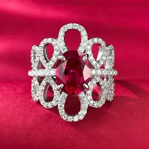 Victorian-Inspired Floral Lace Ring | 7x9mm Fiery Red Oval Zirconia Center | Wide Pavé Diamond-Cut Zirconia Band | Statement Cocktail Ring