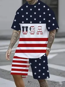 Independence Day Flag Graphic Tee & Shorts Set, Casual Loose-Fitting Two-Piece, Quick-Dry Breathable Streetwear for Men