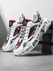 Men's Geometric Print Sneakers, Couple Trendy Letter Patch Thick Sole Dad Shoes, Outdoor Breathable Shockproof Durable Sporty Running Shoes