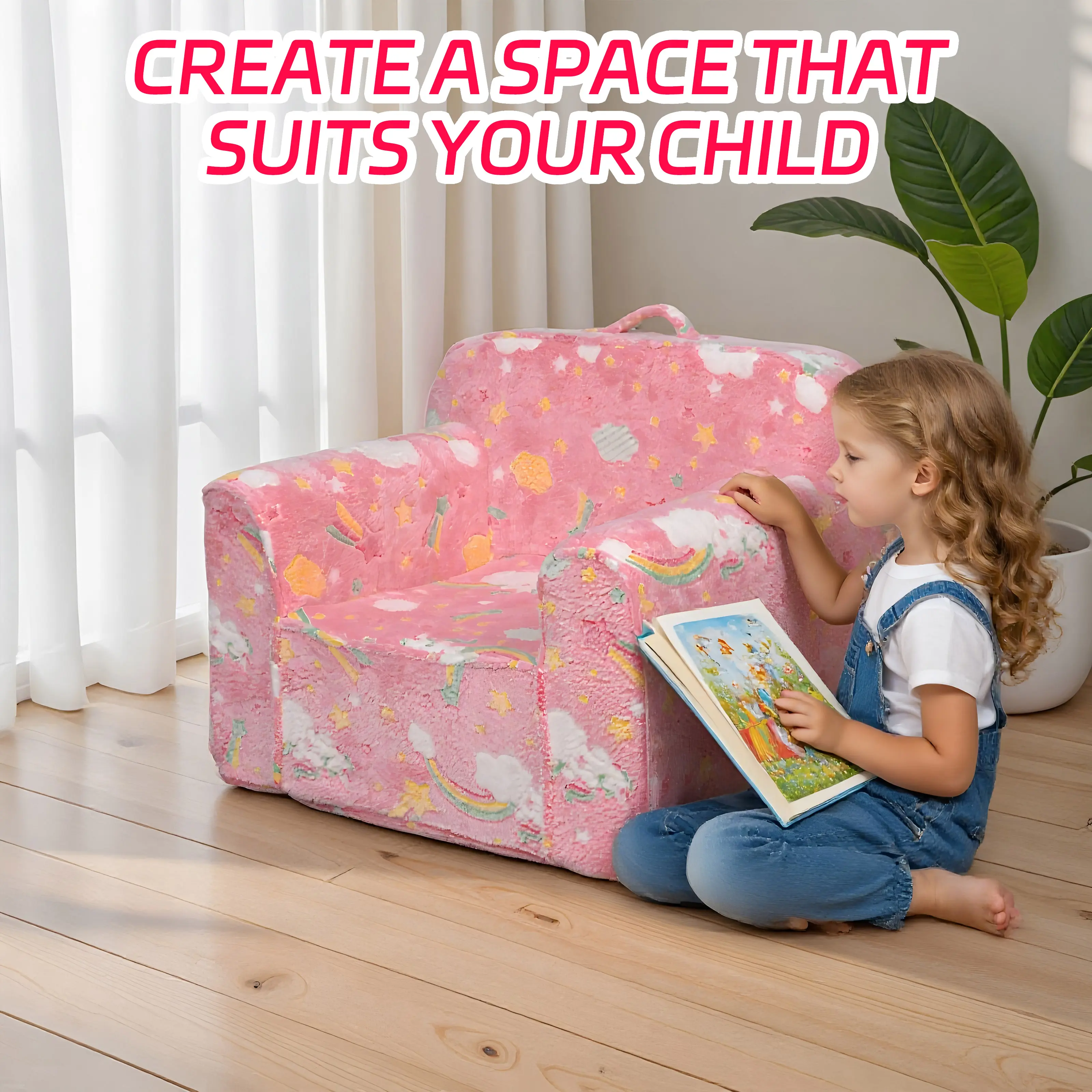 Kids Single-Seat Cartoon Foam Chair - Flannel, Sturdy, Machine-Washable Coat, No Assembly, Cute Reading Storage Pocket, Soft Bedroom Cushion, Vacuum-Packaged for Instant Shape Retention