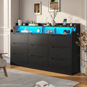Raybee TV Stand with 9 Drawers , Entertainment Center with LED Lights and Power Outlet, 63 Inch TV Cabinet with Adjustable Open Storage Shelf for Bedroom, Living Room, Hallway