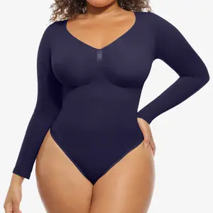 FeelinGirl Women's Seamless Shaping Long Sleeve Thong Comfortable Bodysuit for Tops and Underwear Lady Daily Basic